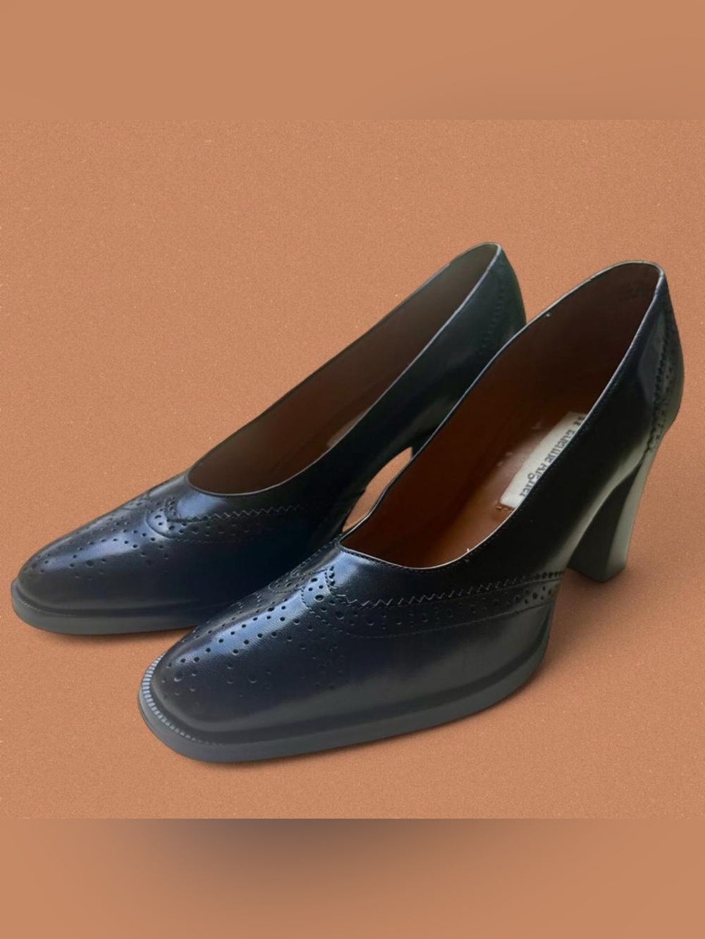 Classic Black Leather Brogue Block Heel Pumps